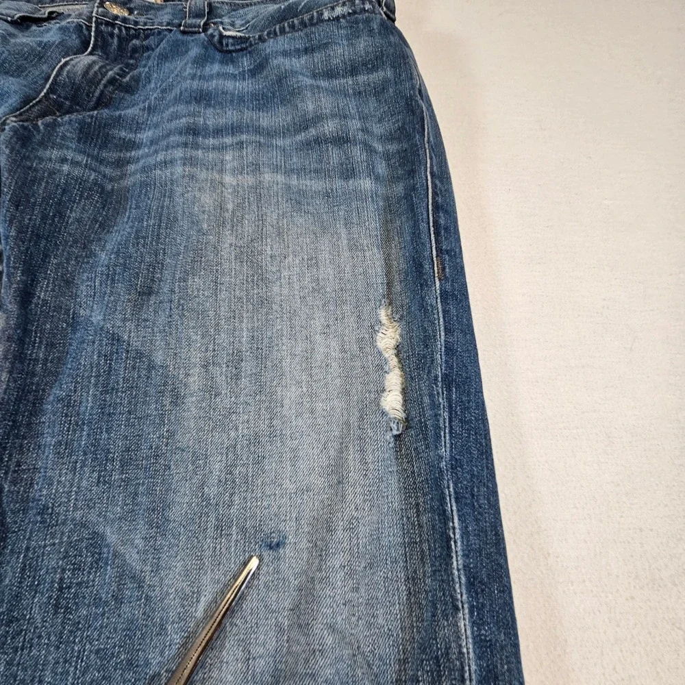 True Religion Mens Boot Cut Jeans Blue Distressed Graphic Back Pocket 40 USA